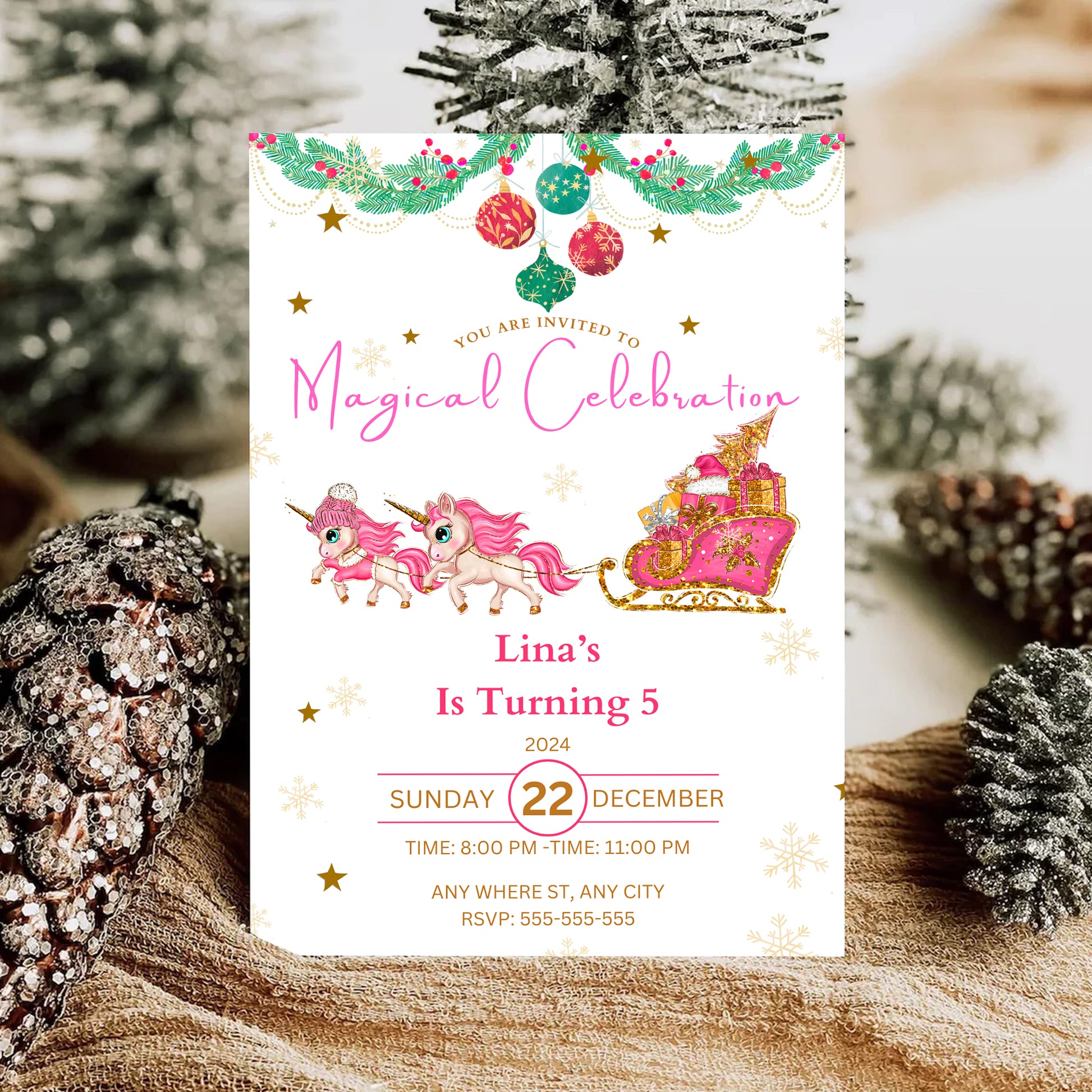 Christmas Unicorn Birthday Party Invitation Template - CreativeRino