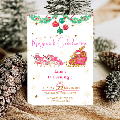 Christmas Unicorn Birthday Party Invitation Template - CreativeRino