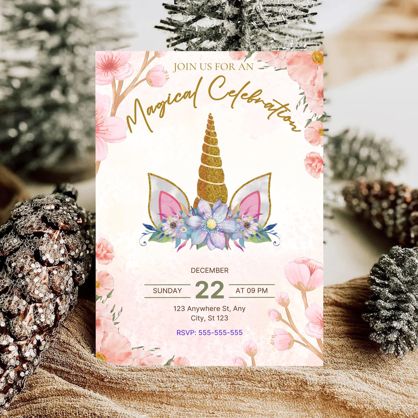 Magical Celebration Unicorn Christmas Invitation Template - CreativeRino