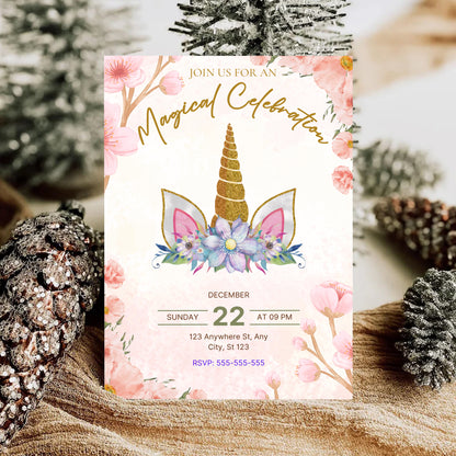 Magical Celebration Unicorn Christmas Invitation Template - CreativeRino