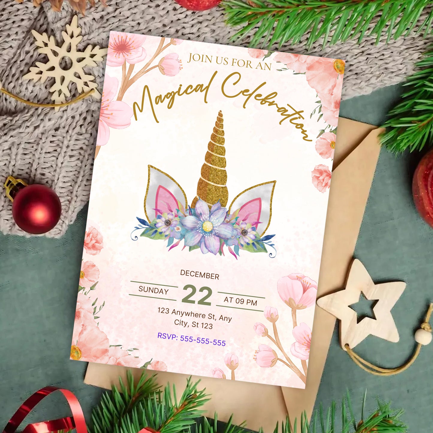 Magical Celebration Unicorn Christmas Invitation Template - CreativeRino