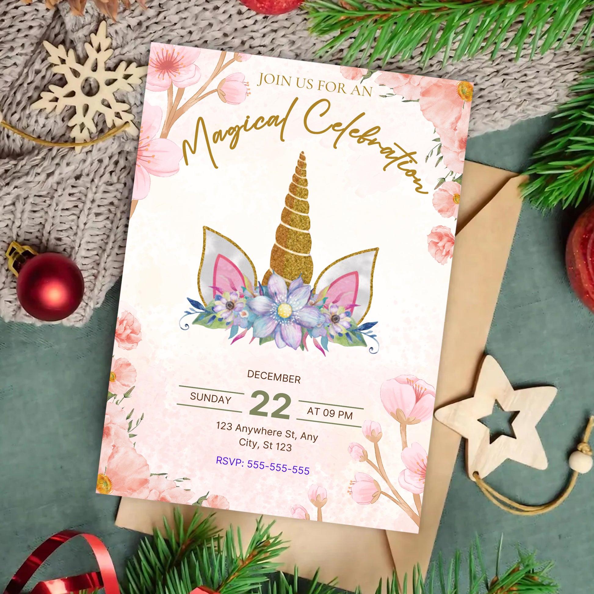 Magical Celebration Unicorn Christmas Invitation Template - CreativeRino