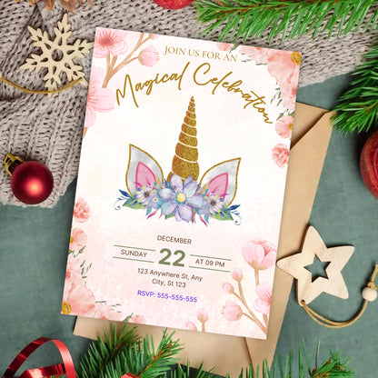 Magical Celebration Unicorn Christmas Invitation Template - CreativeRino