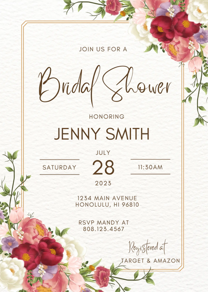 Floral Tropical Bridal Shower Invitation Template - CreativeRino