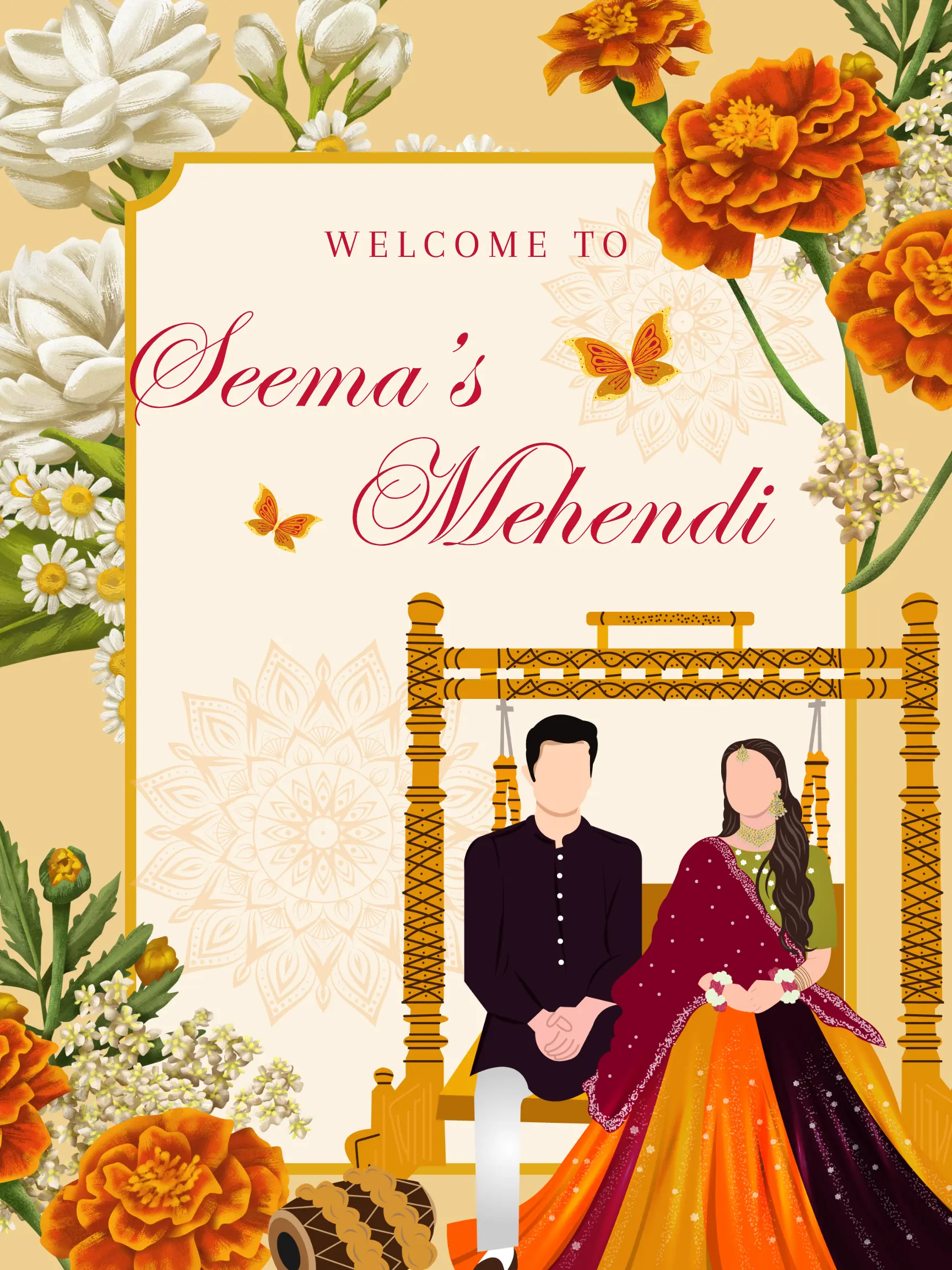 Mehndi Sign Template | Indian Wedding Welcome Sign - CreativeRino