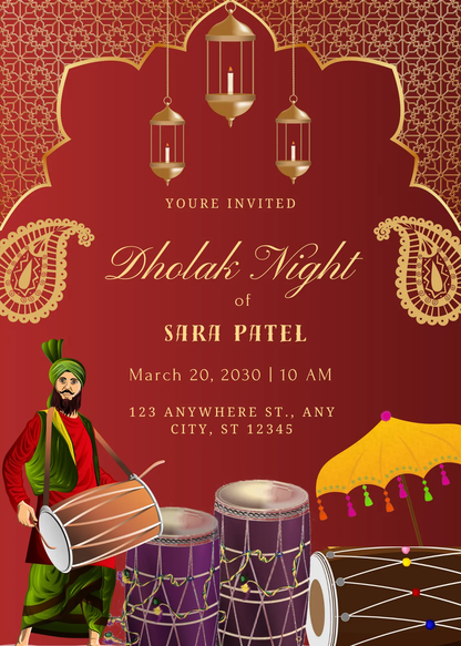 Dholki Dholak Wedding Invitation Template - CreativeRino