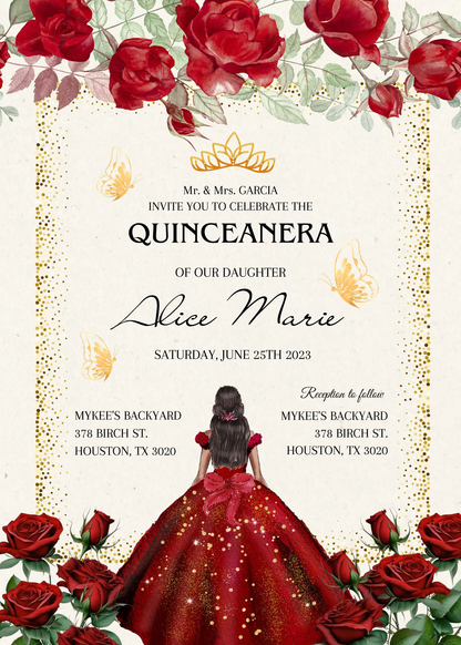 Red Floral Gold Butterflies Princess Quinceañera Invitation Template - CreativeRino