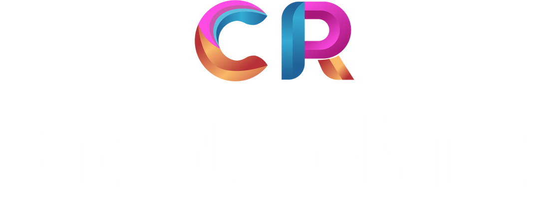 CreativeRino logo featuring colorful gradient CR initials above bold white CreativeRino text on a transparent background, representing a modern creative design brand.