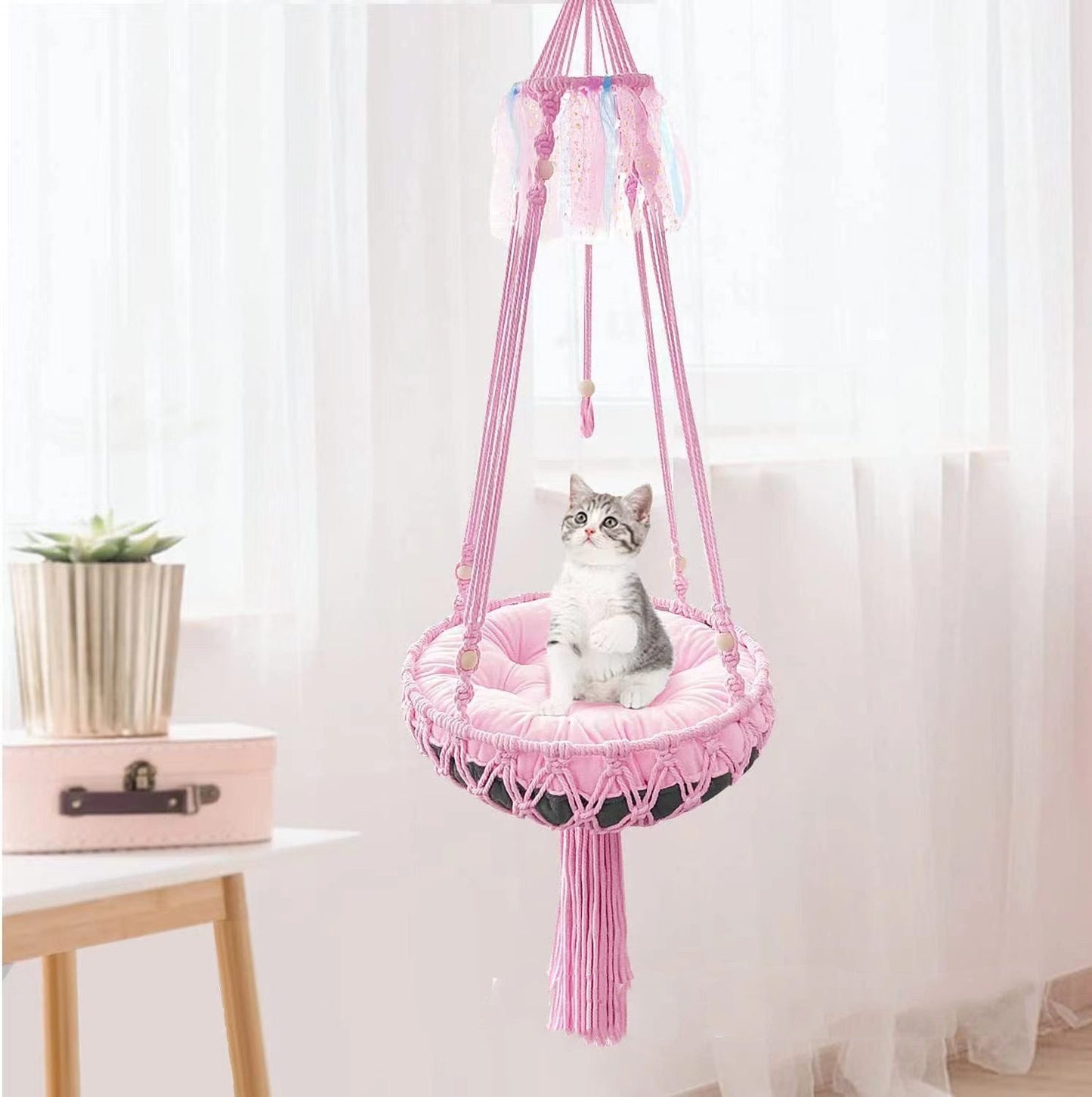 Premium Macrame Cat Hammock – Hanging Nest Basket Swing & Cozy Pet Bed CreativeRino