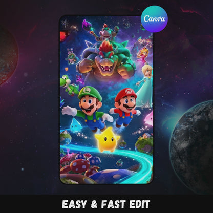 Super Mario Galaxy Birthday Video Invitation Canva Template